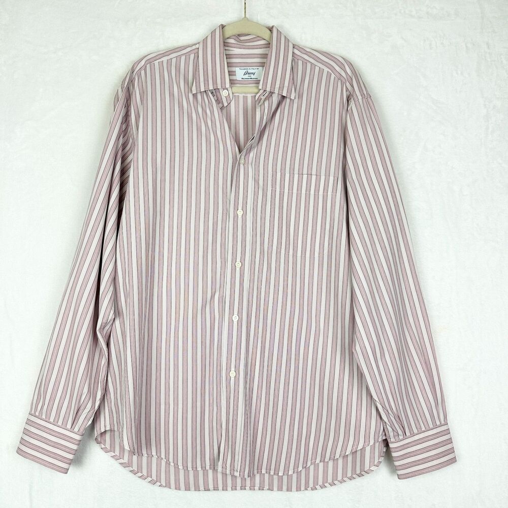 Brioni Men's Cotton Stripe Button Down Dress Shirt Size Large Mauve Pink